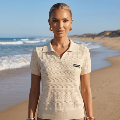 ✨ Miu Miu Pointelle Knit Polo Top – Ivory (one size)