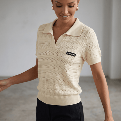 ✨ Miu Miu Pointelle Knit Polo Top – Ivory (one size)