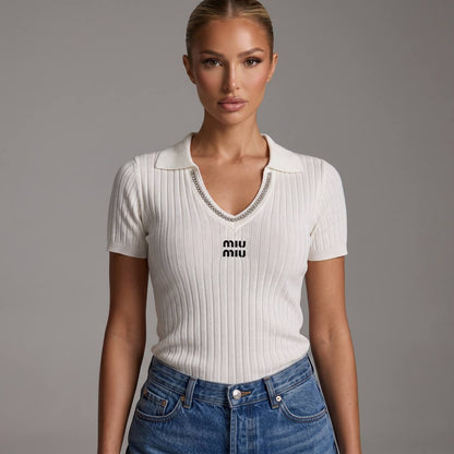 🤍 Miu Miu Ribbed Crystal-Trim Polo Top ✨