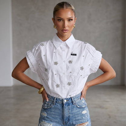 Miu Miu White Crystal Flower Embellished Shirt 🤍✨