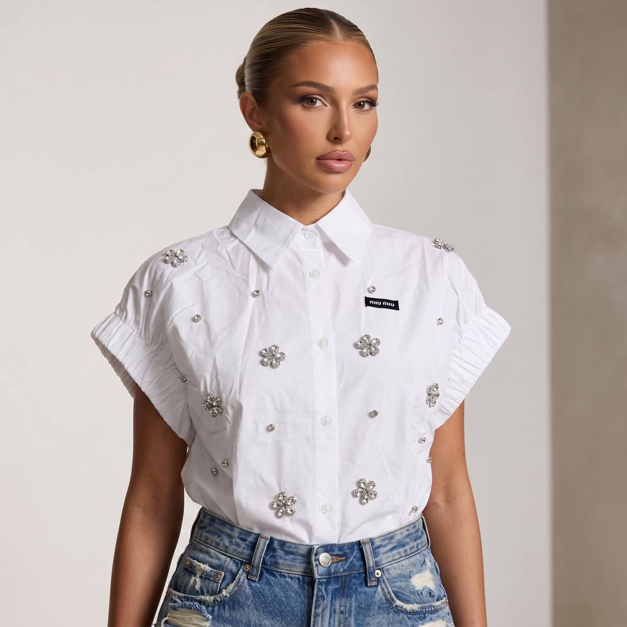Miu Miu White Crystal Flower Embellished Shirt 🤍✨