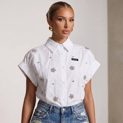 Miu Miu White Crystal Flower Embellished Shirt 🤍✨
