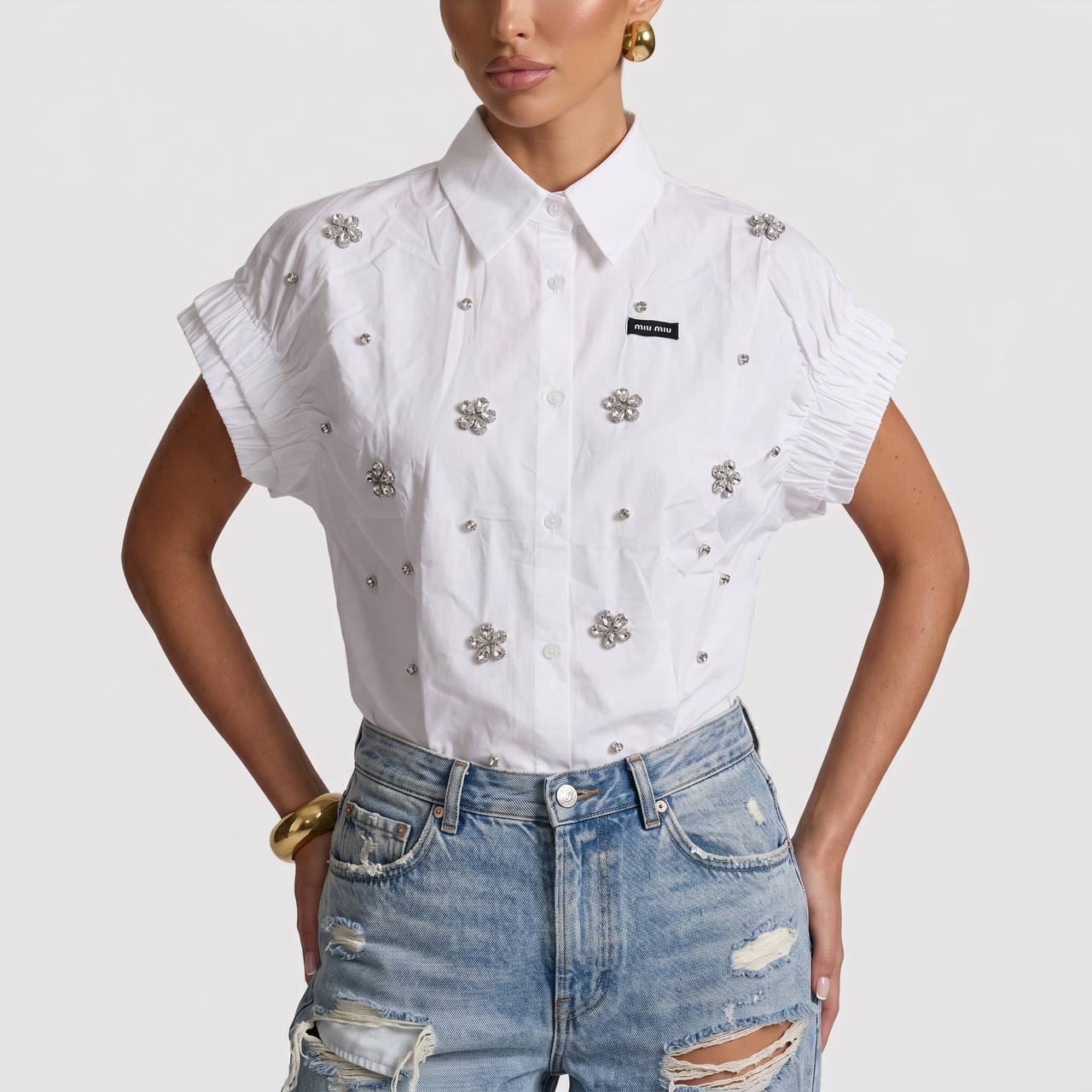 Miu Miu White Crystal Flower Embellished Shirt 🤍✨