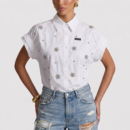 Miu Miu White Crystal Flower Embellished Shirt 🤍✨
