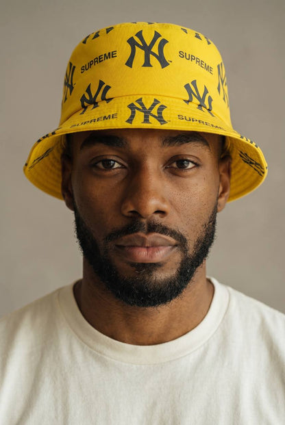 NY x Supreme Yellow Bucket Hat – Bold Monogram Streetwear Icon 💛🔥