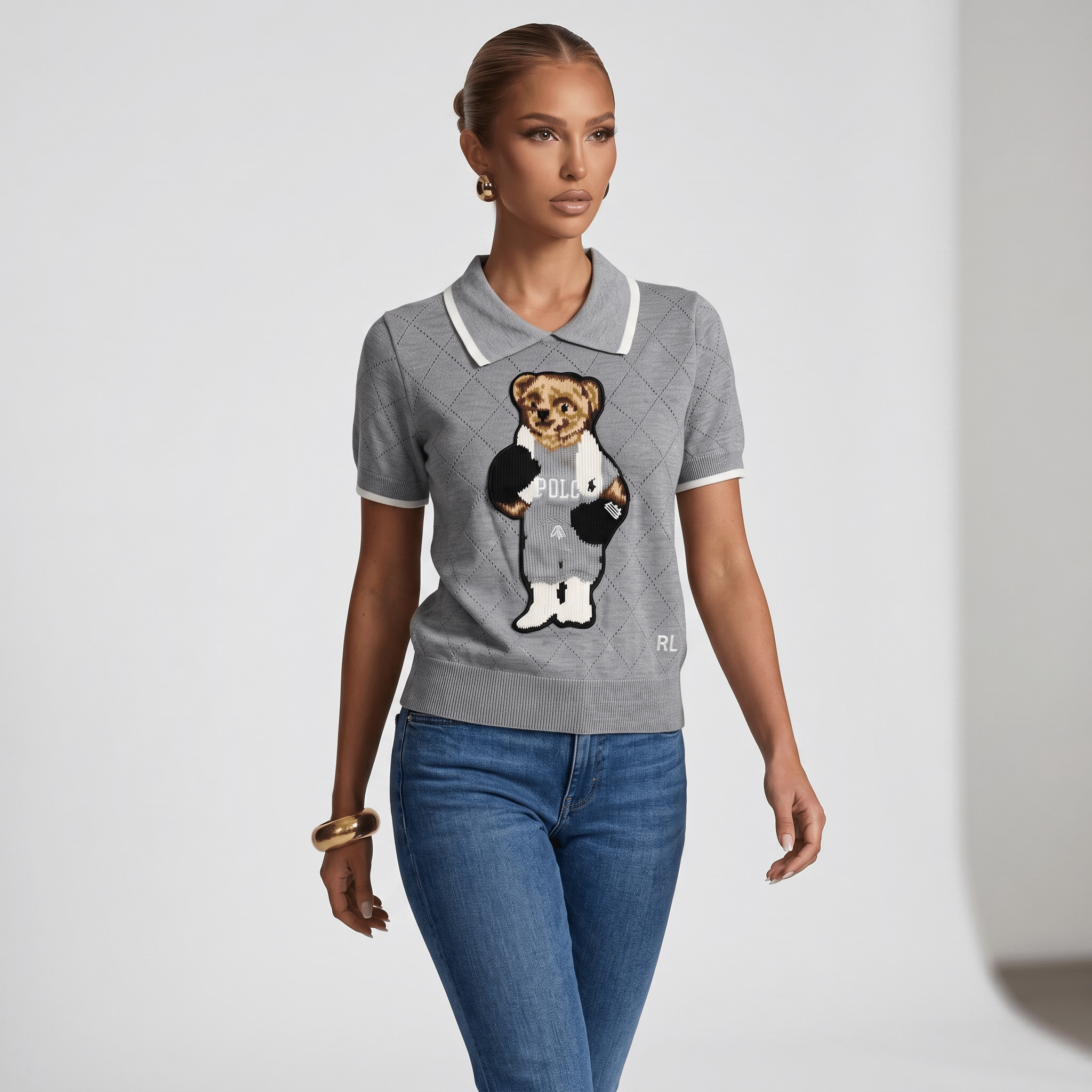 🧸 Polo Ralph Lauren Bear Knit Polo Sweater – Heather Grey Edition