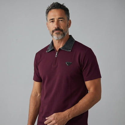 Prada Milano Denim Collar Zip Polo – Burgundy Edition 🍷✨