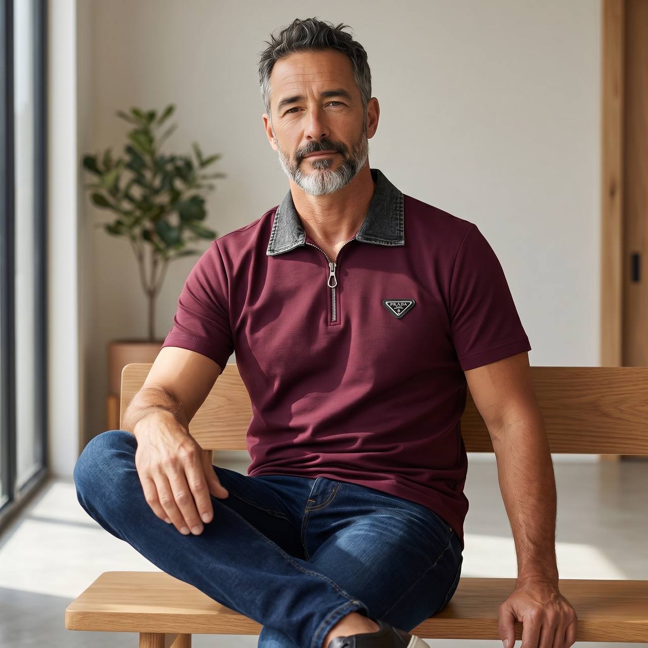 Prada Milano Denim Collar Zip Polo – Burgundy Edition 🍷✨