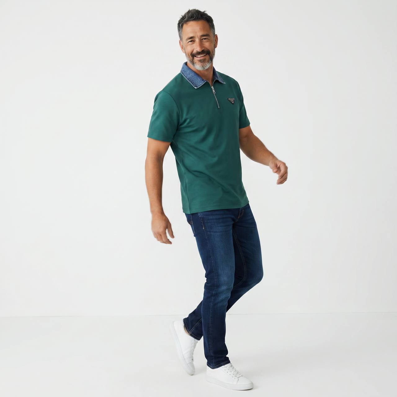 Prada Milano Denim Collar Zip Polo – Emerald Edition 💚👖
