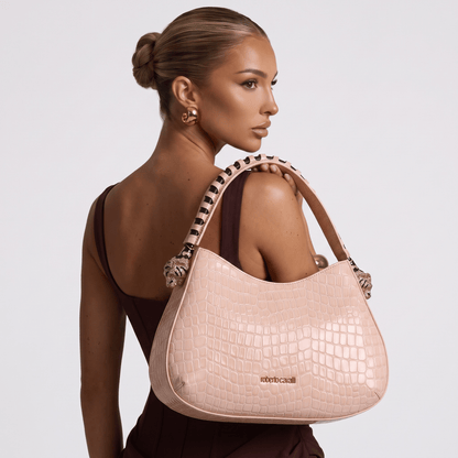 Roberto Cavalli Croc-Embossed Leather Hobo Shoulder Bag – Blush Pink