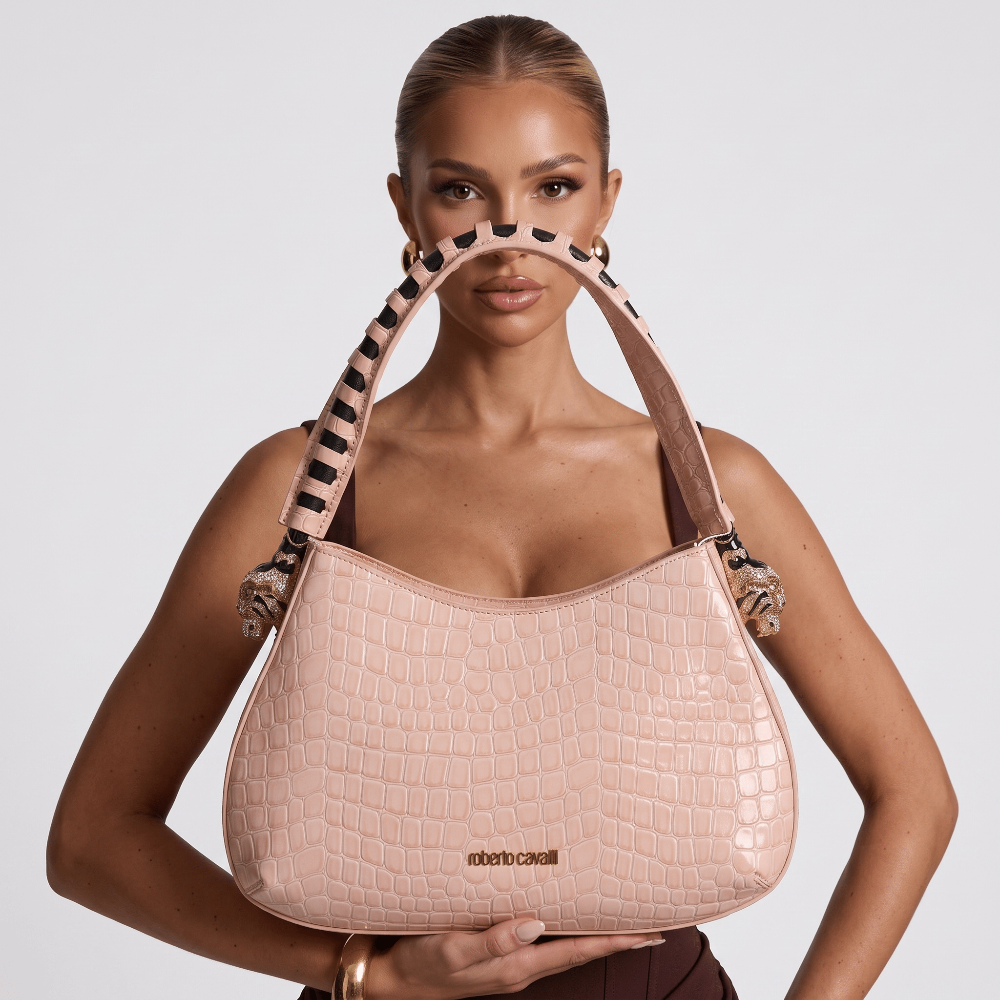 Roberto Cavalli Croc-Embossed Leather Hobo Shoulder Bag – Blush Pink