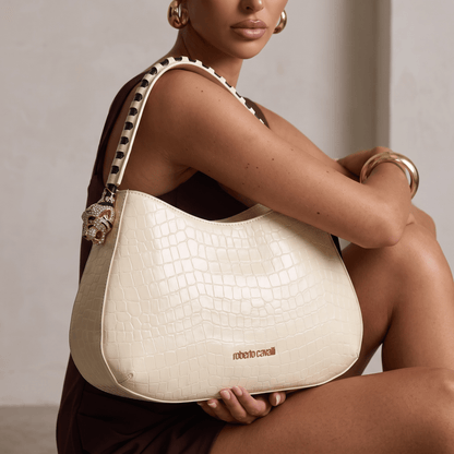 Roberto Cavalli Croc-Embossed Leather Hobo Shoulder Bag – Ivory