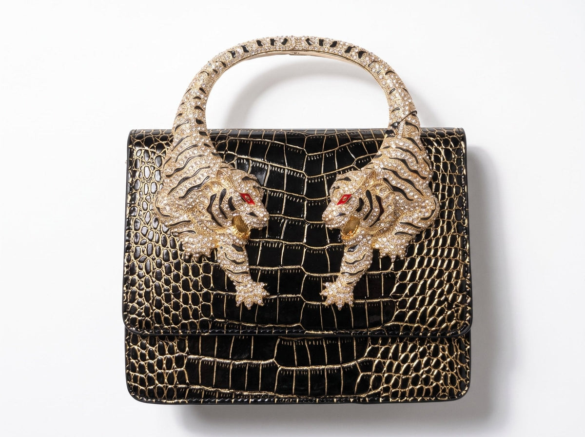Roberto Cavalli Crystal Tiger Handle Croc-Effect Bag – Black & Gold ✨