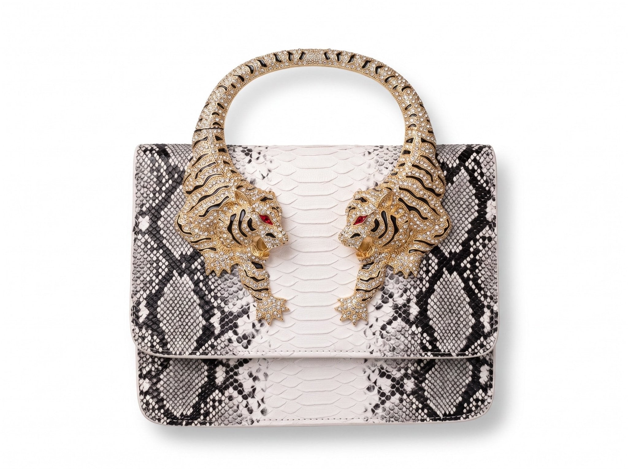 Roberto Cavalli Tiger Handle Snake-Print Handbag – White & Black ✨
