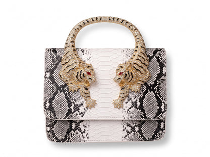 Roberto Cavalli Tiger Handle Snake-Print Handbag – White & Black ✨