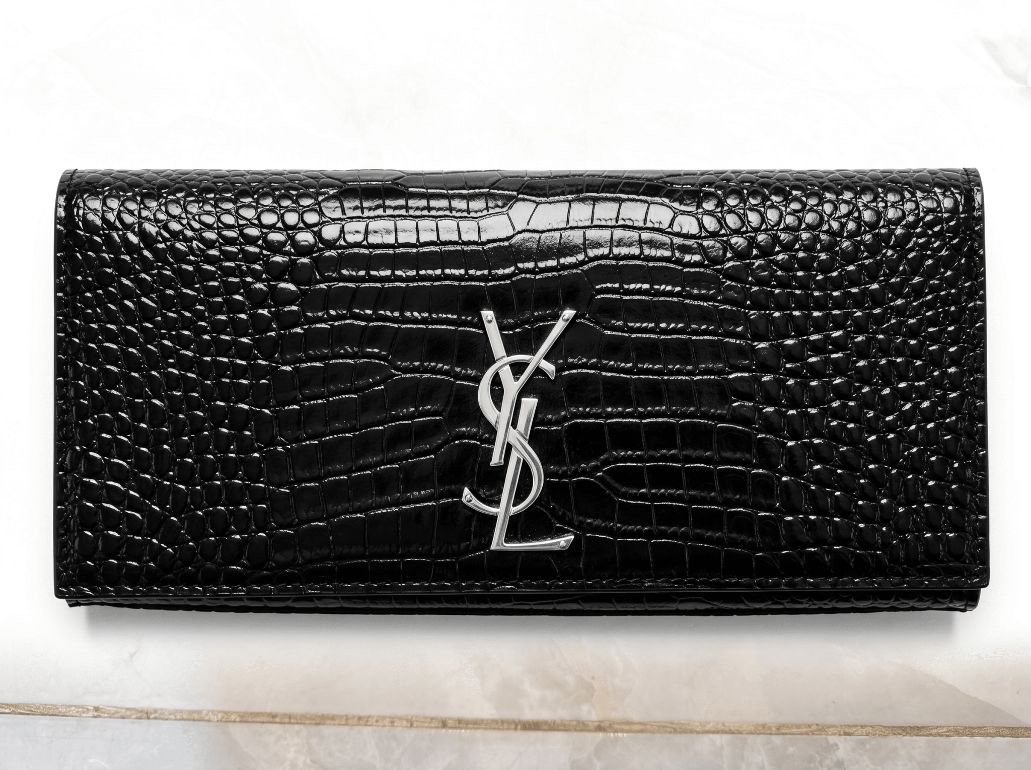 Saint Laurent Black Croc-Embossed Silver YSL Clutch 🖤✨🩶👛🔥