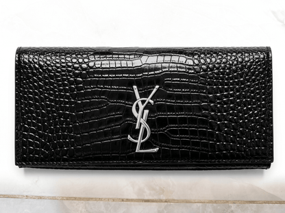 Saint Laurent Black Croc-Embossed Silver YSL Clutch 🖤✨🩶👛🔥