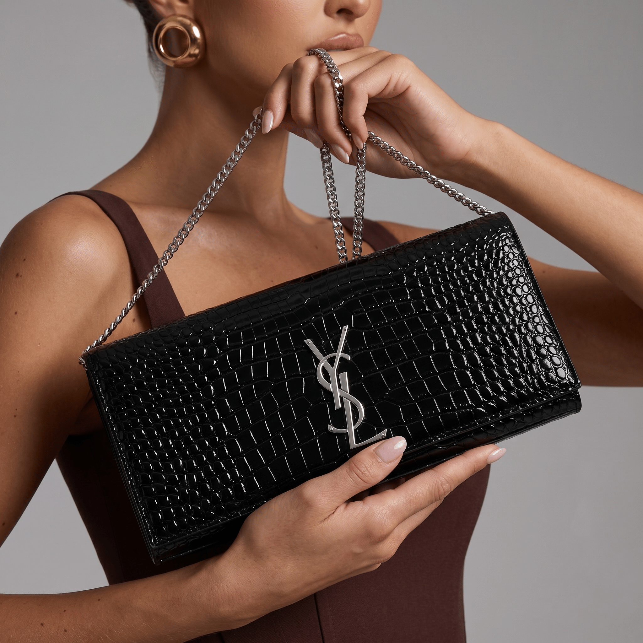 Saint Laurent Black Croc-Embossed Silver YSL Clutch 🖤✨🩶👛🔥