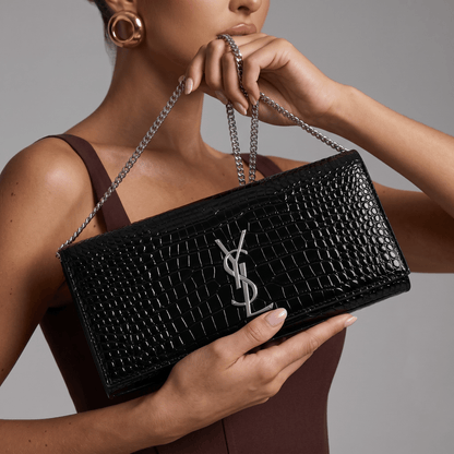 Saint Laurent Black Croc-Embossed Silver YSL Clutch 🖤✨🩶👛🔥
