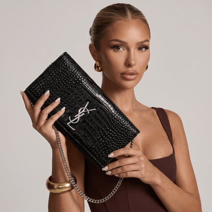 Saint Laurent Black Croc-Embossed Silver YSL Clutch 🖤✨🩶👛🔥