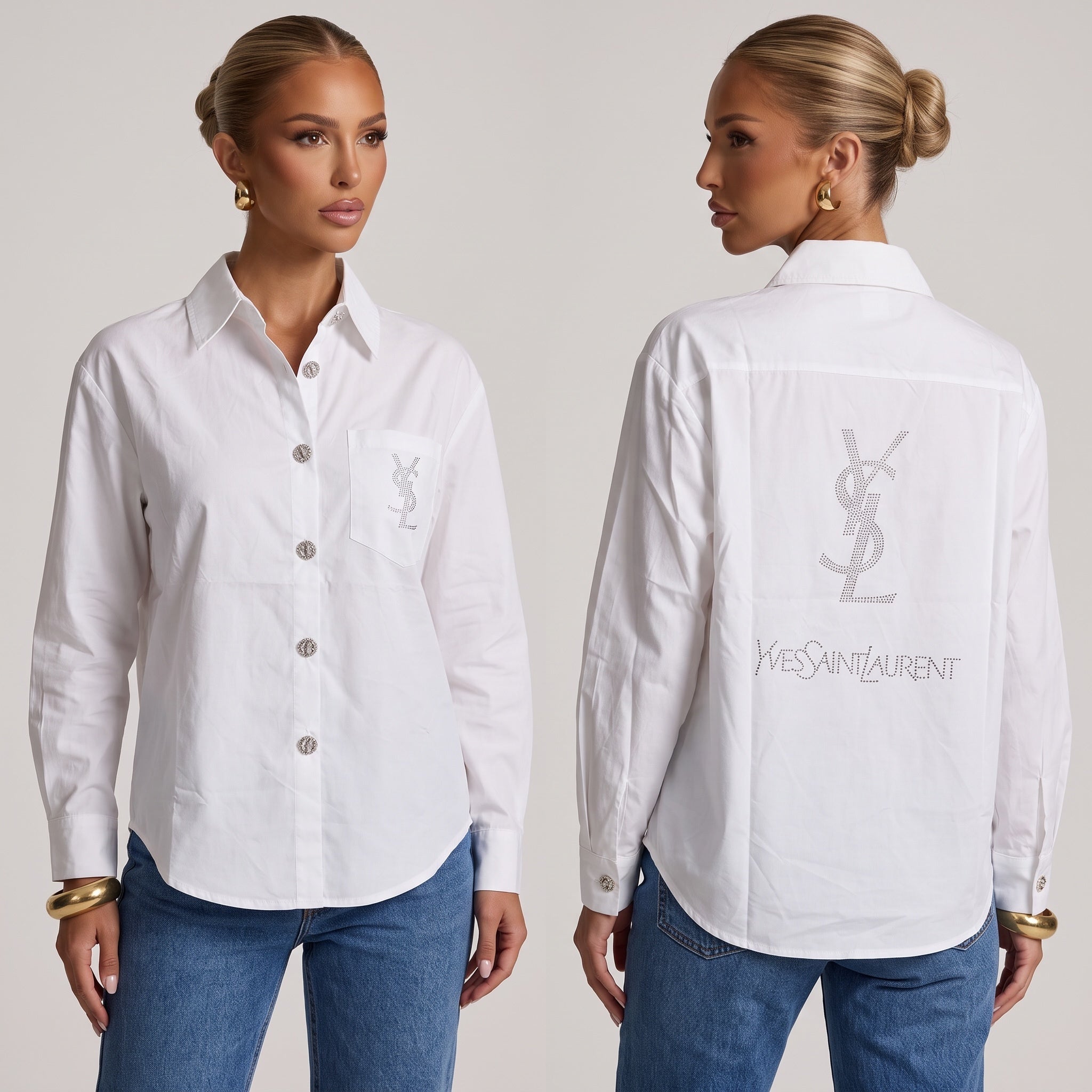 Saint Laurent Classic Shirt – White Crystal Logo ✨