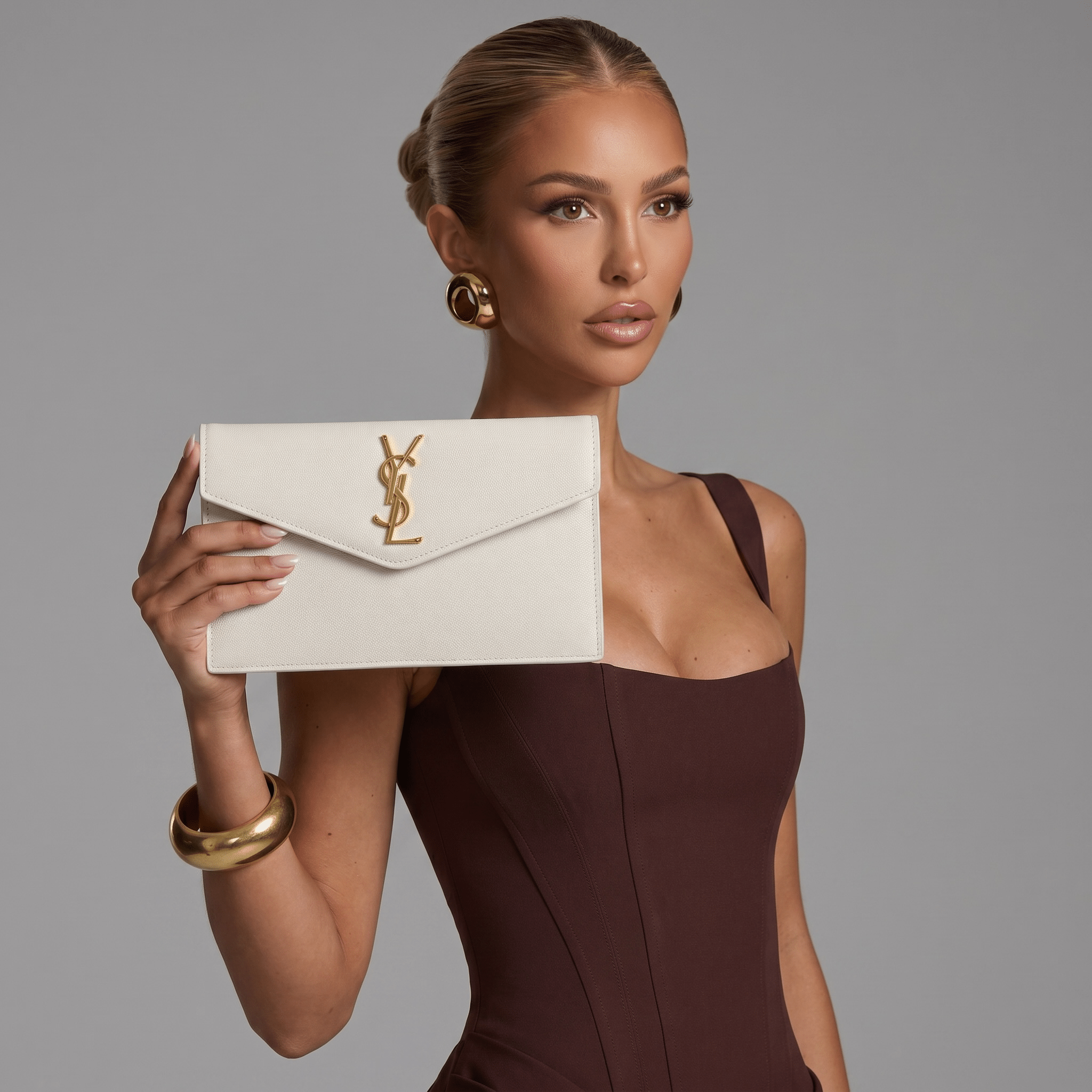 Saint Laurent Ivory Grain Leather YSL Envelope Clutch 🤍✨💛👛🔥