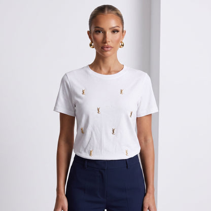 Saint Laurent T-Shirt – White Gold Logo ✨ one size