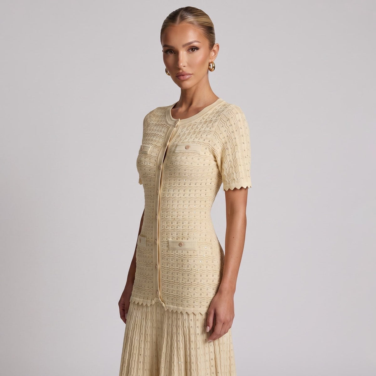 Sandro Paris Knit Short Sleeve Midi Dress — Beige