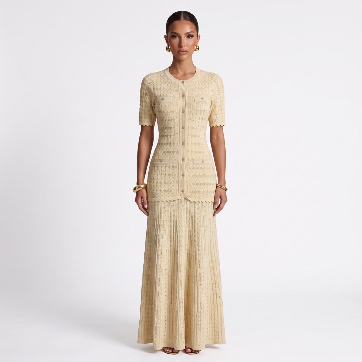Sandro Paris Knit Short Sleeve Midi Dress — Beige