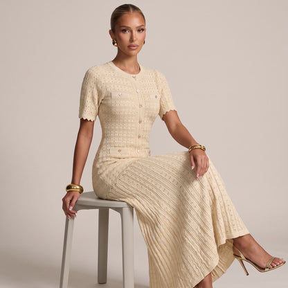 Sandro Paris Knit Short Sleeve Midi Dress — Beige