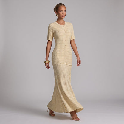 Sandro Paris Knit Short Sleeve Midi Dress — Beige