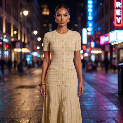 Sandro Paris Knit Short Sleeve Midi Dress — Beige