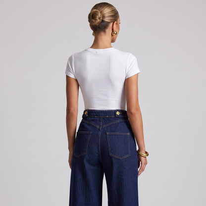 Schiaparelli Gold Charm High-Waist Wide-Leg Jeans – Dark Blue ✨