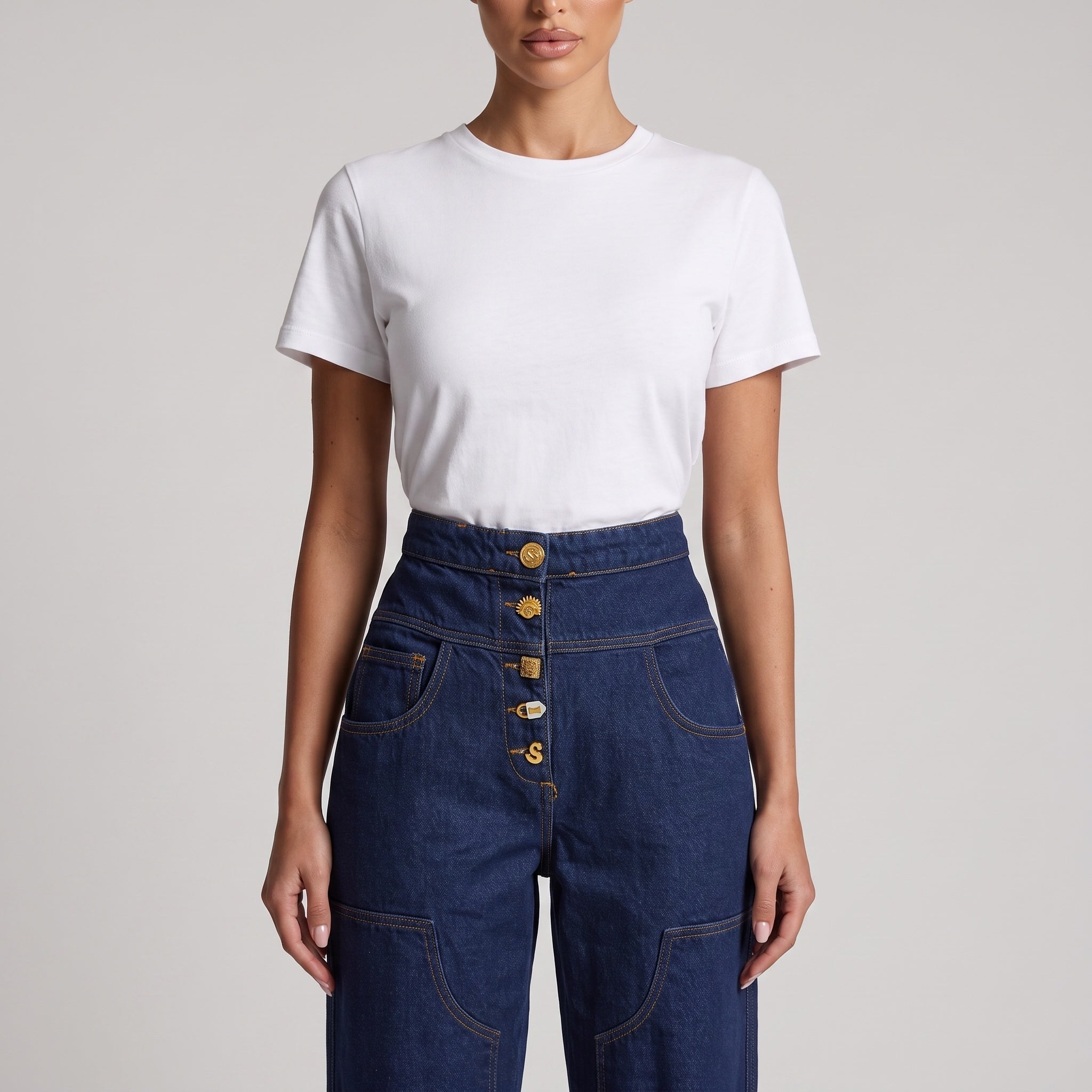 Schiaparelli Gold Charm High-Waist Wide-Leg Jeans – Dark Blue ✨