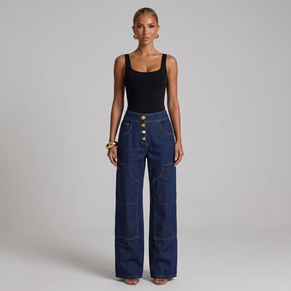 Schiaparelli Gold Charm High-Waist Wide-Leg Jeans – Dark Blue ✨