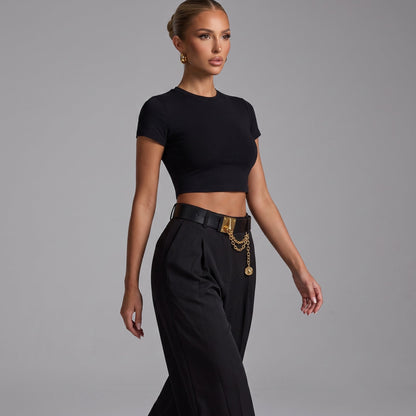 Schiaparelli Keyhole Chain Wide-Leg Pants – Black 🔑✨