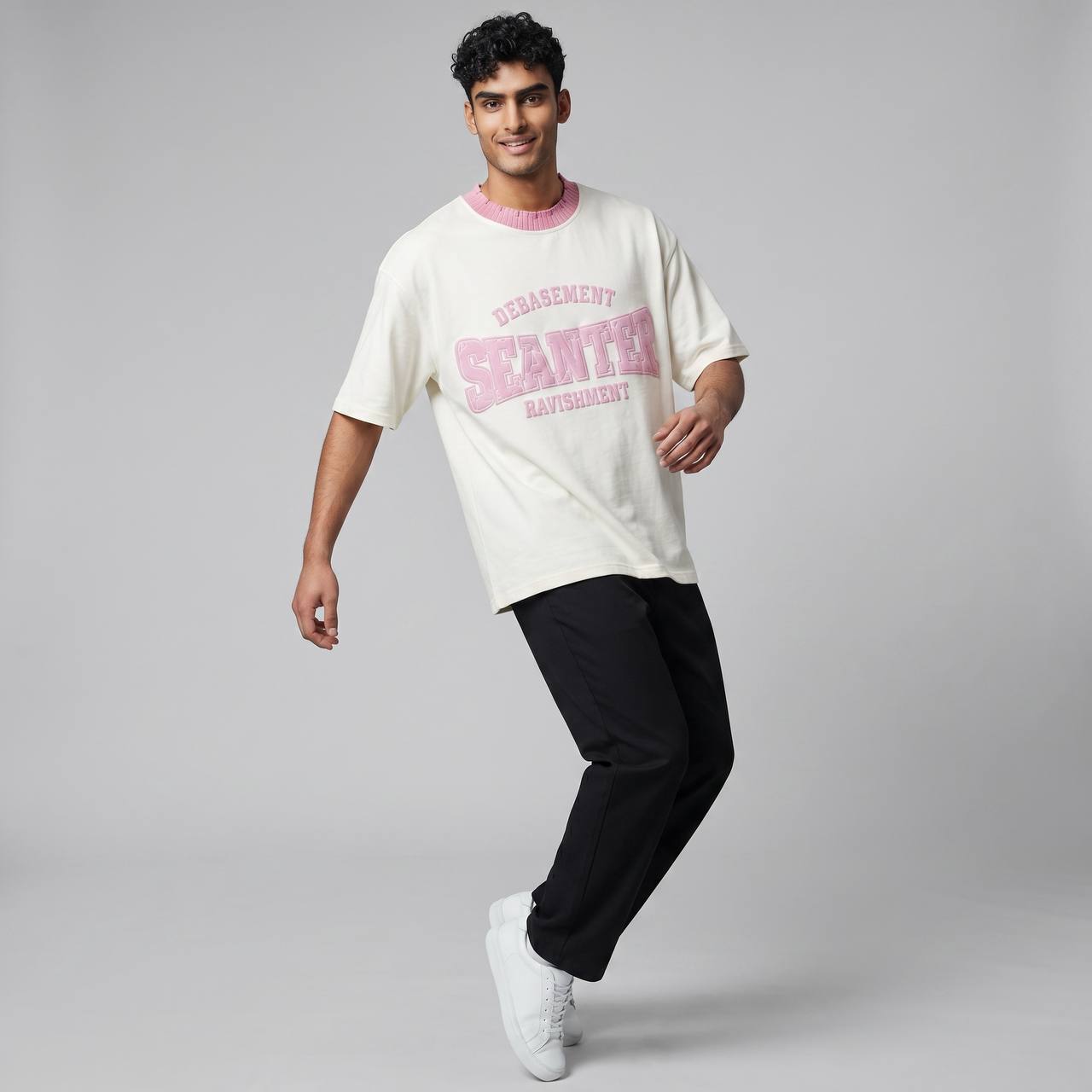 Seanter Oversized Embroidered T-Shirt – Cream & Pink Edition 🌸✨