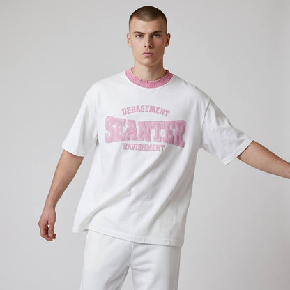 Seanter Oversized Embroidered T-Shirt – Cream & Pink Edition 🌸✨