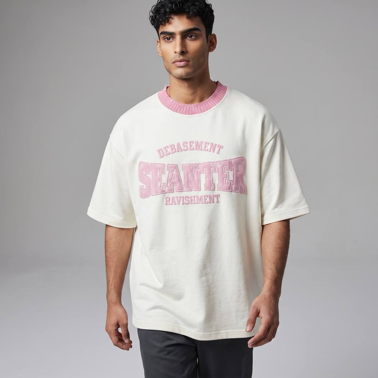 Seanter Oversized Embroidered T-Shirt – Cream & Pink Edition 🌸✨