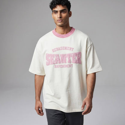 Seanter Oversized Embroidered T-Shirt – Cream & Pink Edition 🌸✨