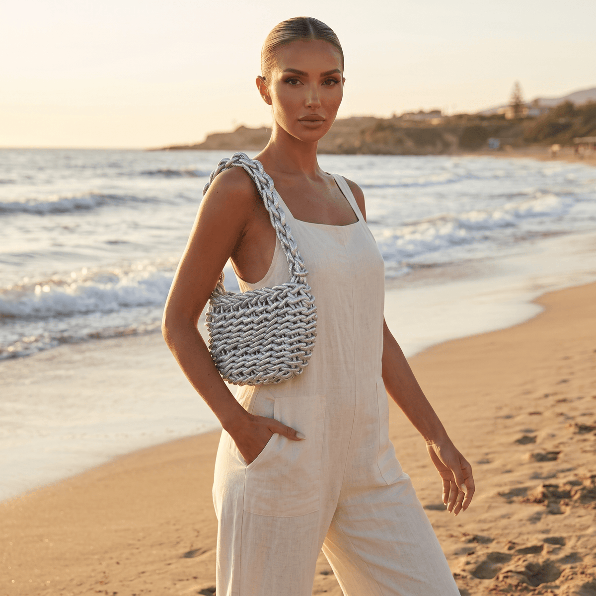 ✨ Silver Handwoven Shoulder Bag – Modern Luxury Collection ✨