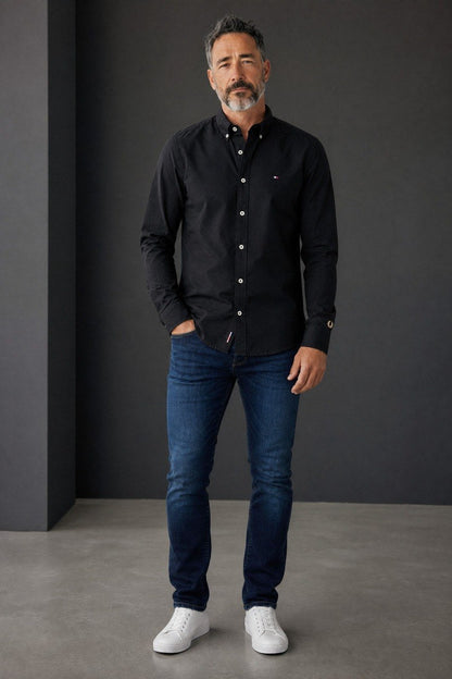 Tommy Hilfiger Premium Black Oxford Button Down Long Sleeve Shirt for Men – Luxury Minimal Smart Casual Essential 🖤✨