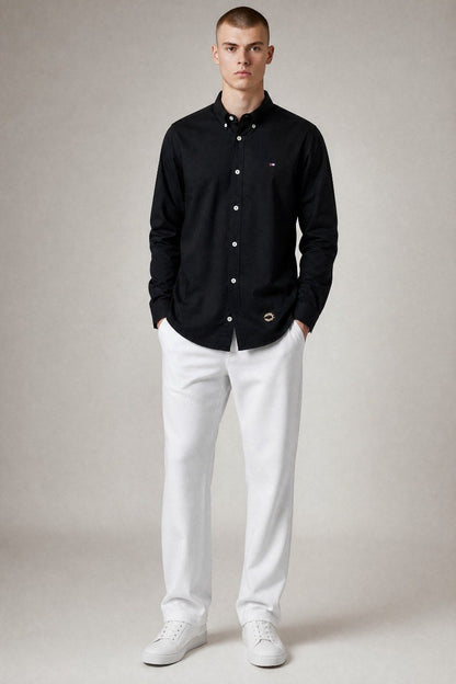 Tommy Hilfiger Premium Black Oxford Button Down Long Sleeve Shirt for Men – Luxury Minimal Smart Casual Essential 🖤✨
