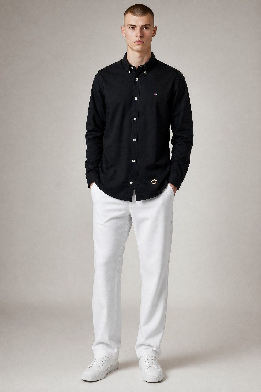 Tommy Hilfiger Premium Black Oxford Button Down Long Sleeve Shirt for Men – Luxury Minimal Smart Casual Essential 🖤✨