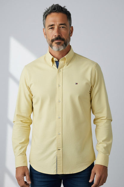 Tommy Hilfiger Premium Butter Yellow Oxford Button Down Long Sleeve Shirt for Men – Luxury Smart Casual Summer Essential 💛✨