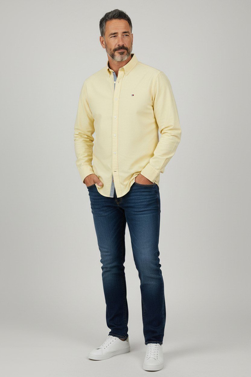 Tommy Hilfiger Premium Butter Yellow Oxford Button Down Long Sleeve Shirt for Men – Luxury Smart Casual Summer Essential 💛✨