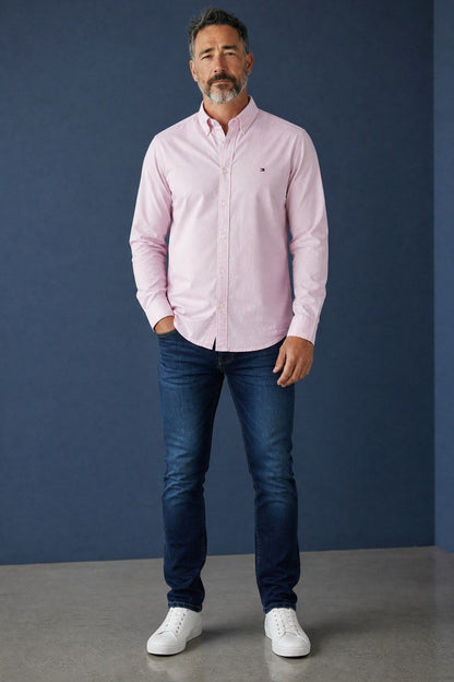 Tommy Hilfiger Premium Pastel Pink Oxford Button Down Long Sleeve Shirt for Men – Luxury Smart Casual Essential 🌸✨