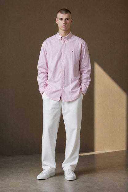 Tommy Hilfiger Premium Pastel Pink Oxford Button Down Long Sleeve Shirt for Men – Luxury Smart Casual Essential 🌸✨