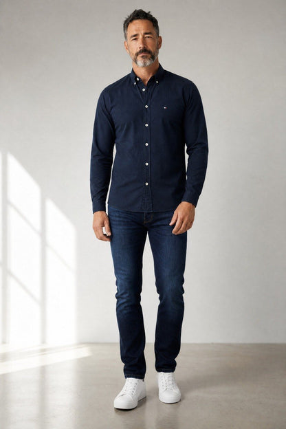 Tommy Hilfiger Premium Slim Fit Oxford Button-Down Shirt for Men – Classic Navy Smart Casual Long Sleeve Shirt 💙✨
