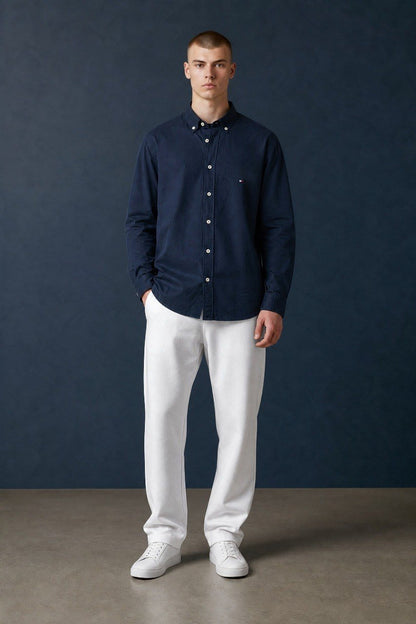 Tommy Hilfiger Premium Slim Fit Oxford Button-Down Shirt for Men – Classic Navy Smart Casual Long Sleeve Shirt 💙✨